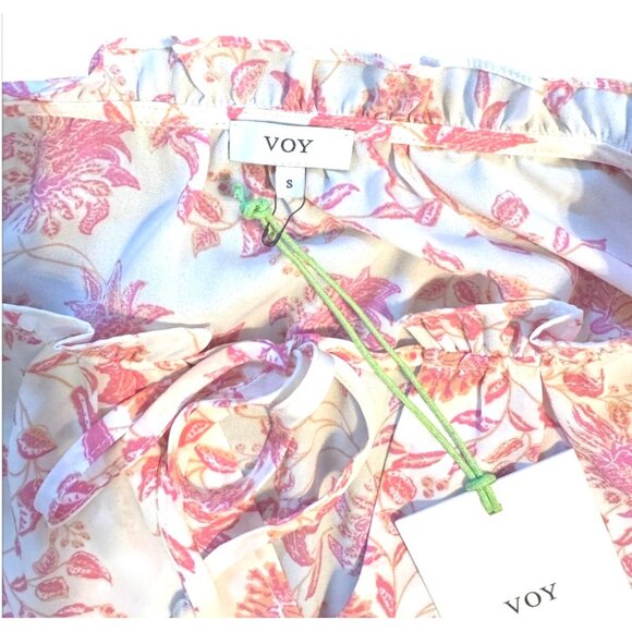 VOY Floral NWT Tassel Tie Neck Ruffle Sleeve Blouse Womens Size S Pink White - Picture 5 of 5